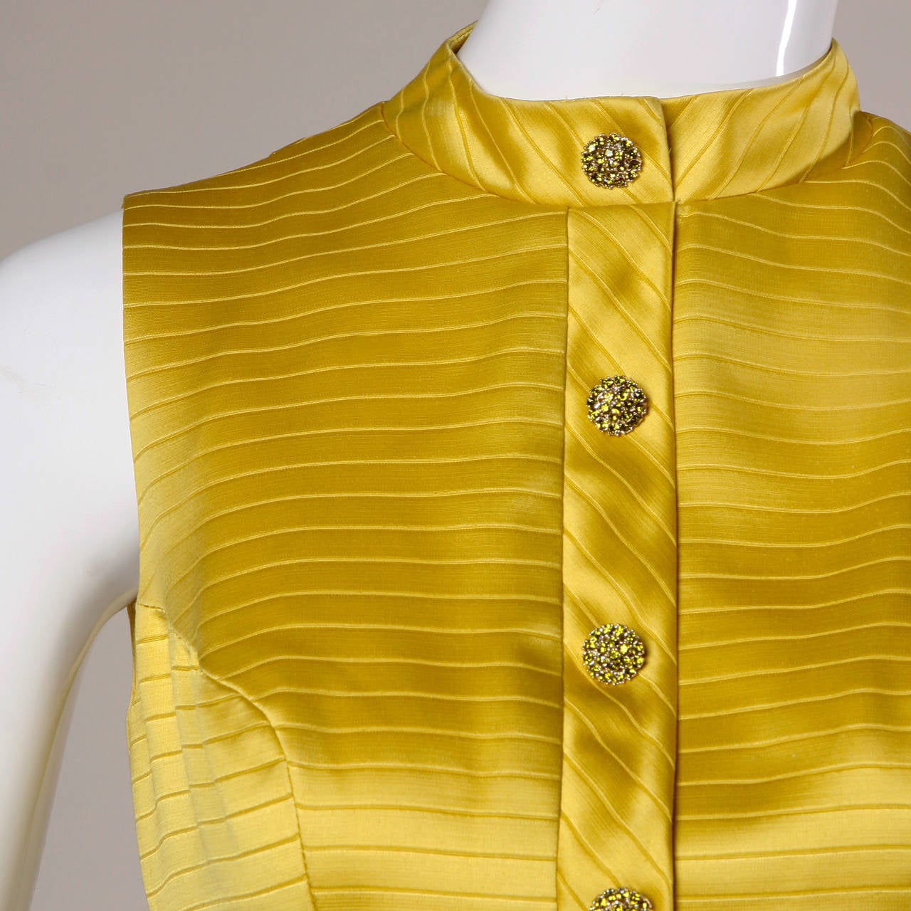 Darling 1960s Vintage Yellow Mini Dress with Rhinestone Buttons