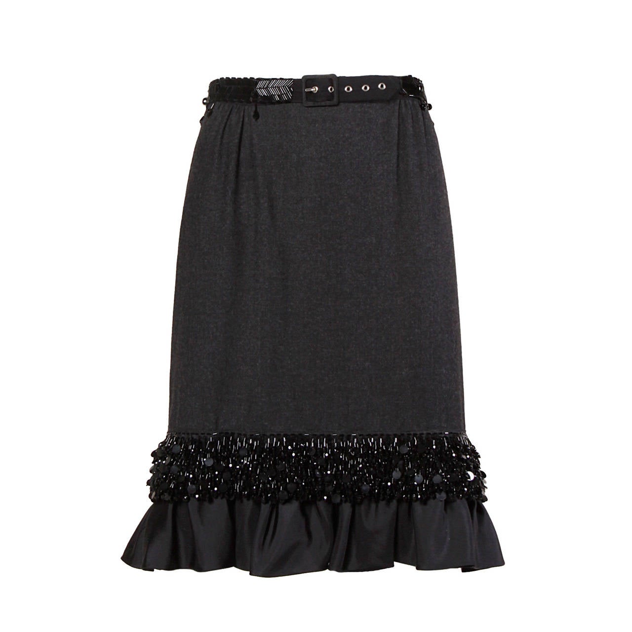 Dries Van Noten Gray Wool Skirt with Black Beaded Belt For Sale