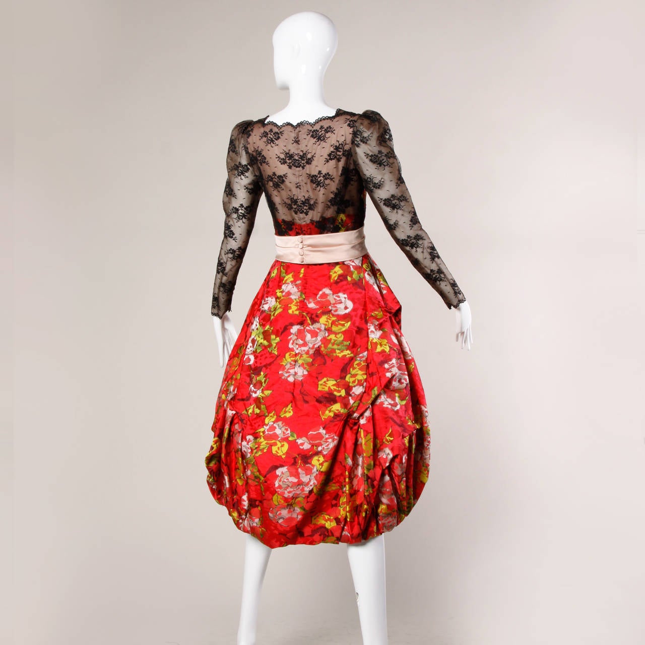 Red Patricia Saunders Custom Vintage Silk + Nude Illusion Lace Dress For Sale