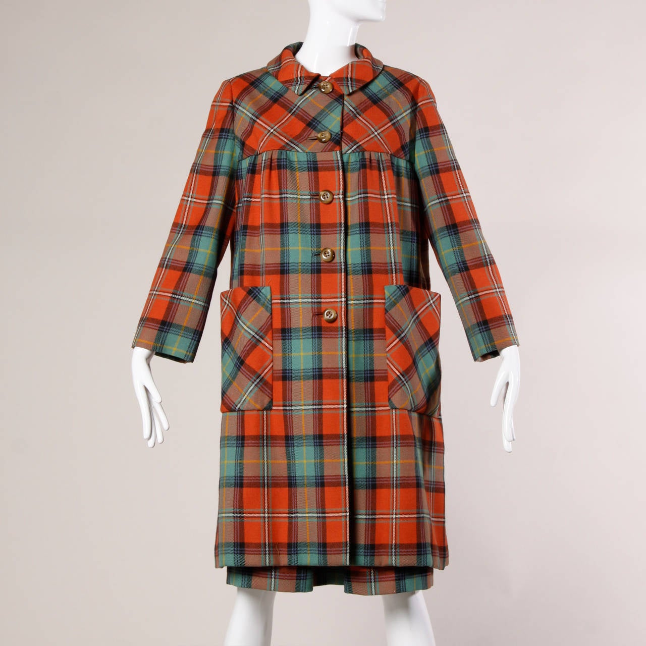1960s I. Magnin Vintage Plaid Wool Swing Coat + Skirt Ensemble 2