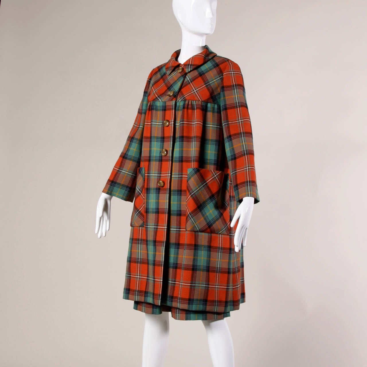 1960s I. Magnin Vintage Plaid Wool Swing Coat + Skirt Ensemble 4