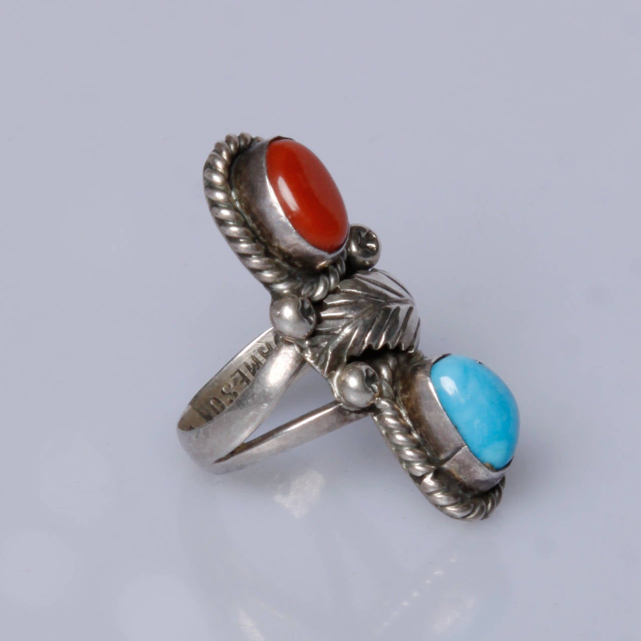 Women's 1970s Native American Turquoise + Coral Sterling Silver Ring Sz 6