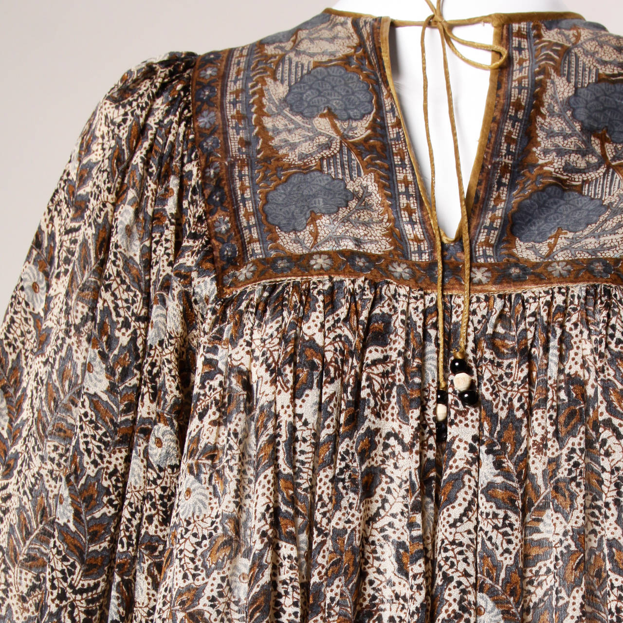 1970s Paper Thin 100% Sheer Silk Indian Hand-Block Print Dress 1