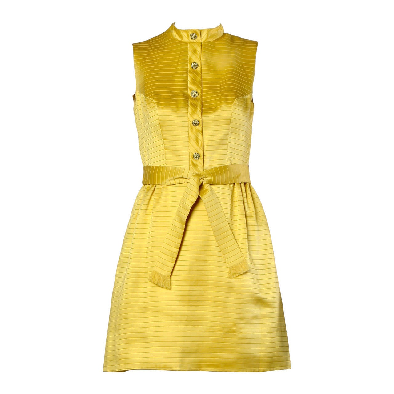 Darling 1960s Vintage Yellow Mini Dress with Rhinestone Buttons