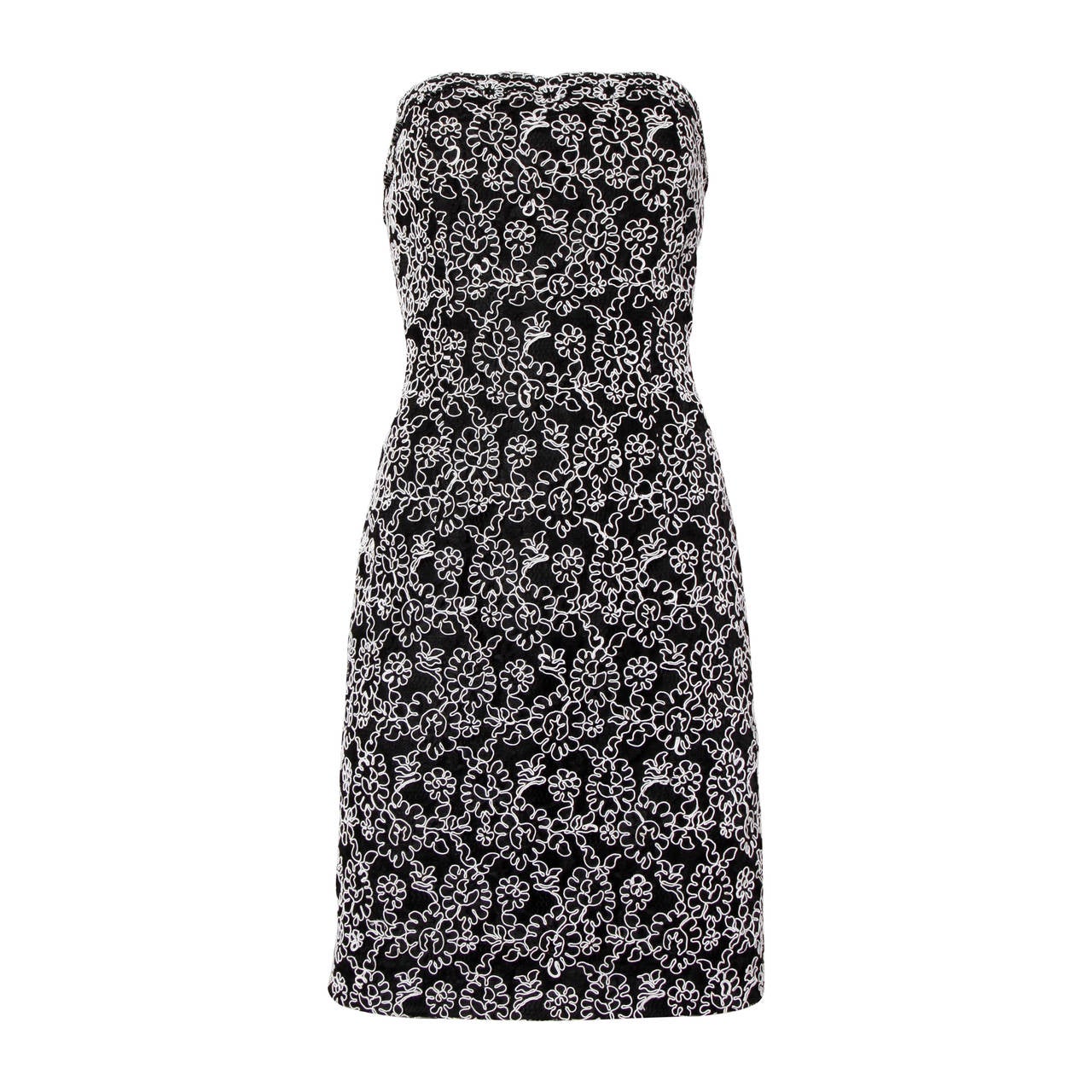 Bill Blass Vintage Black + White Lace Strapless Cocktail Dress For Sale