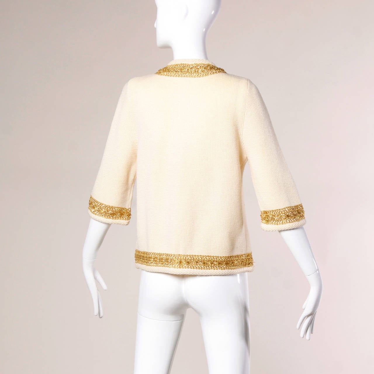 Women's Ethel Beverly Hills 1960s Vintage Wool Cardigan Sweater with Metallic Gold Trim