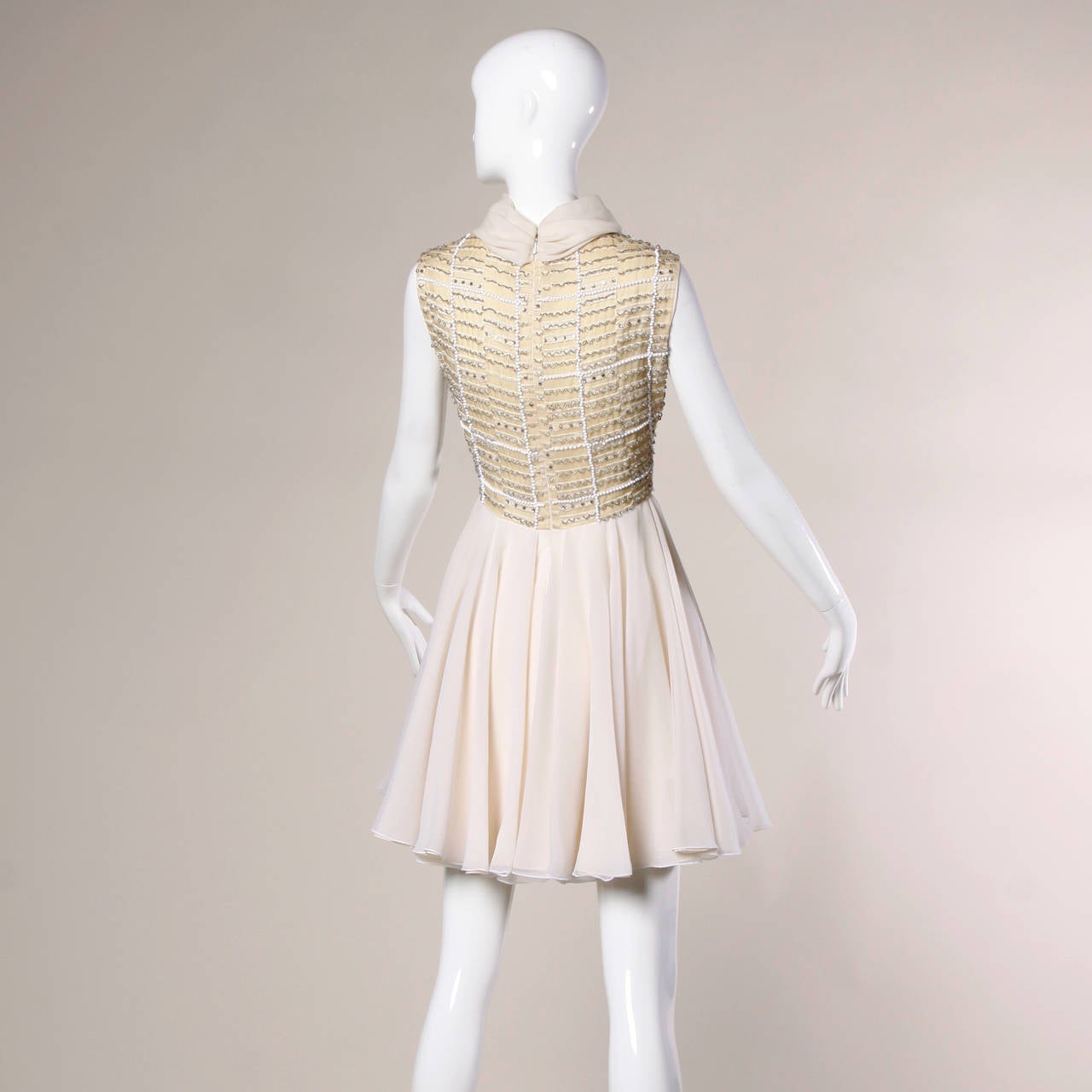 Beige 1960s Vintage Beaded Pearl Rhinestone Organza Dress
