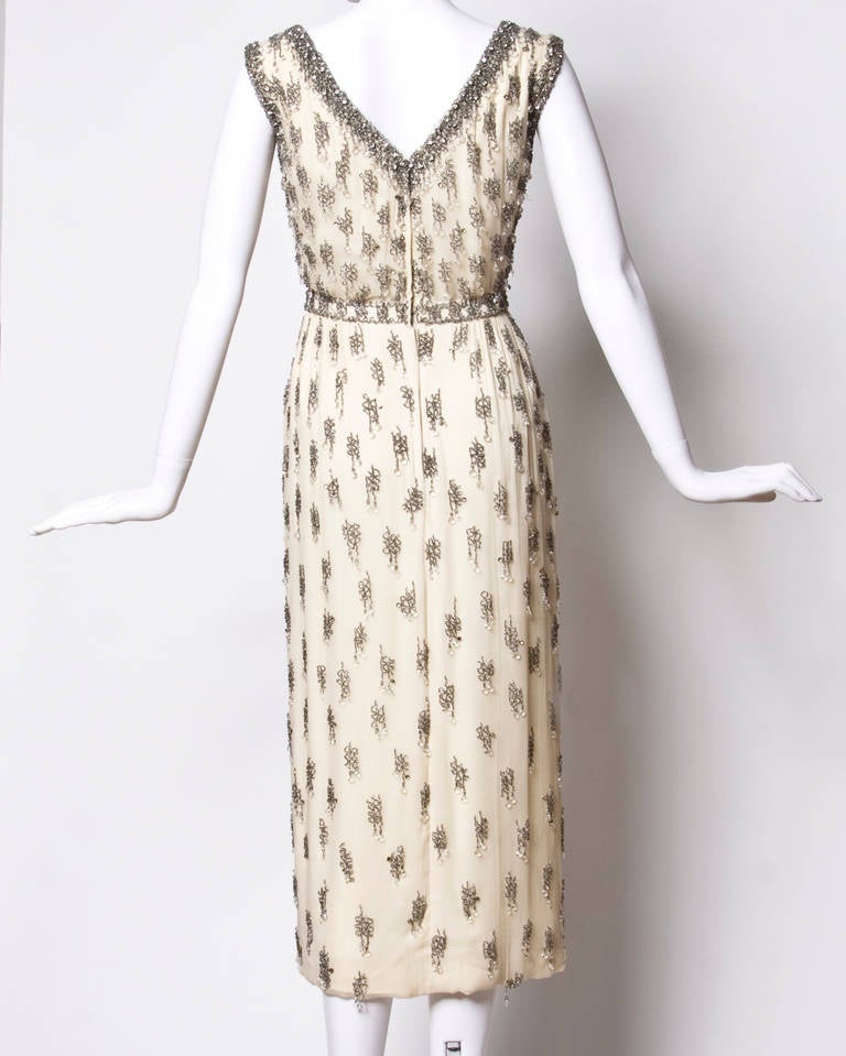 Vintage 1960s 60s Silk Heavy Glass Beaded + Rhinestone Cocktail or Wedding Dress In Excellent Condition In Sparks, NV