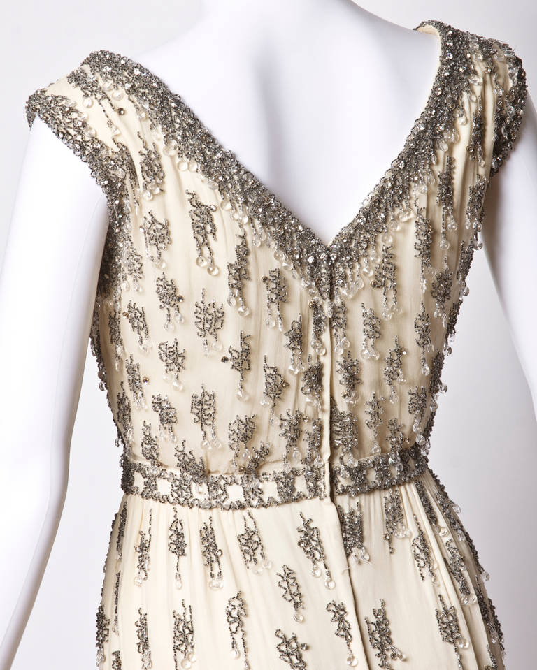 Women's Vintage 1960s 60s Silk Heavy Glass Beaded + Rhinestone Cocktail or Wedding Dress