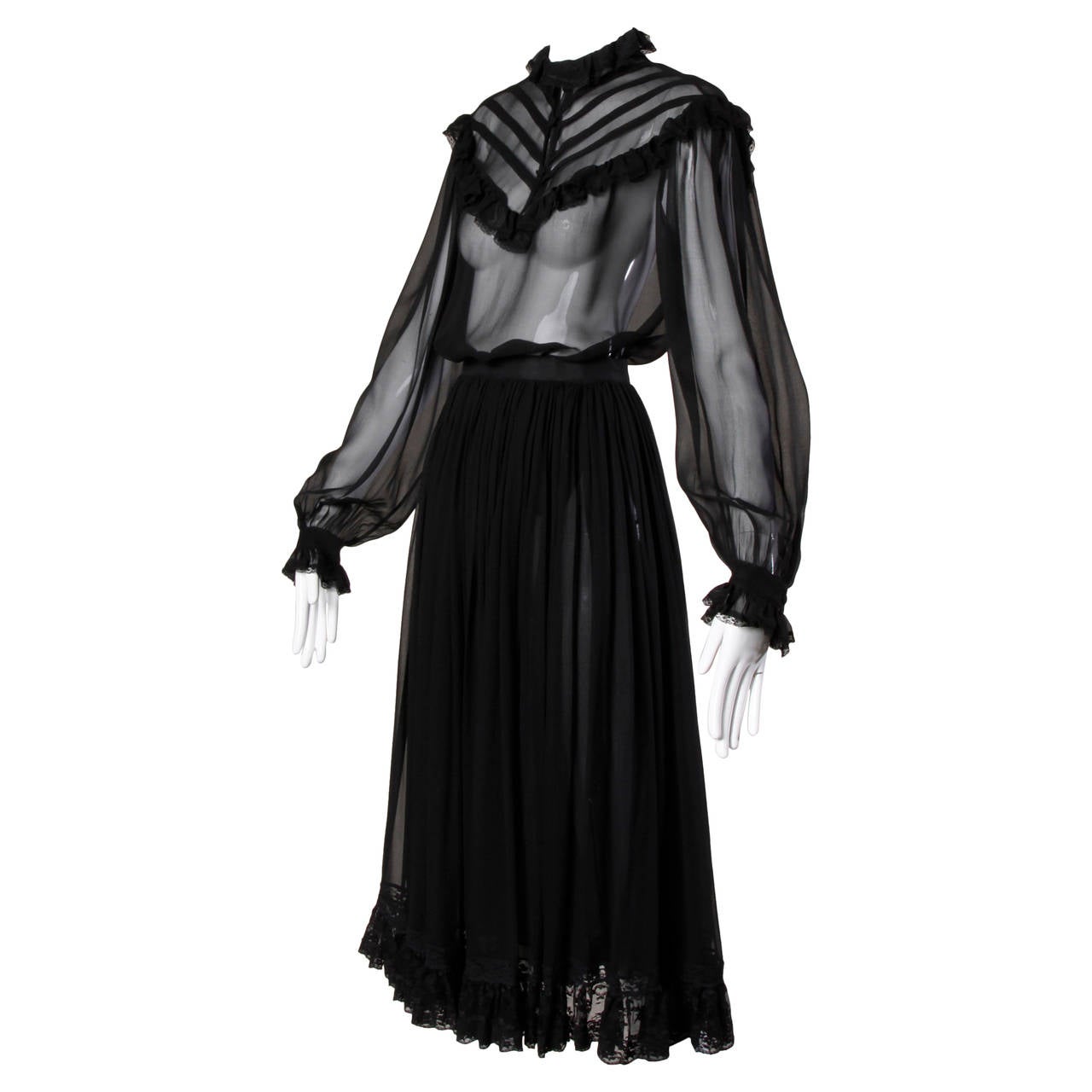 Oscar de la Renta Vintage 1970s Sheer Black Silk Blouse + Skirt Ensemble