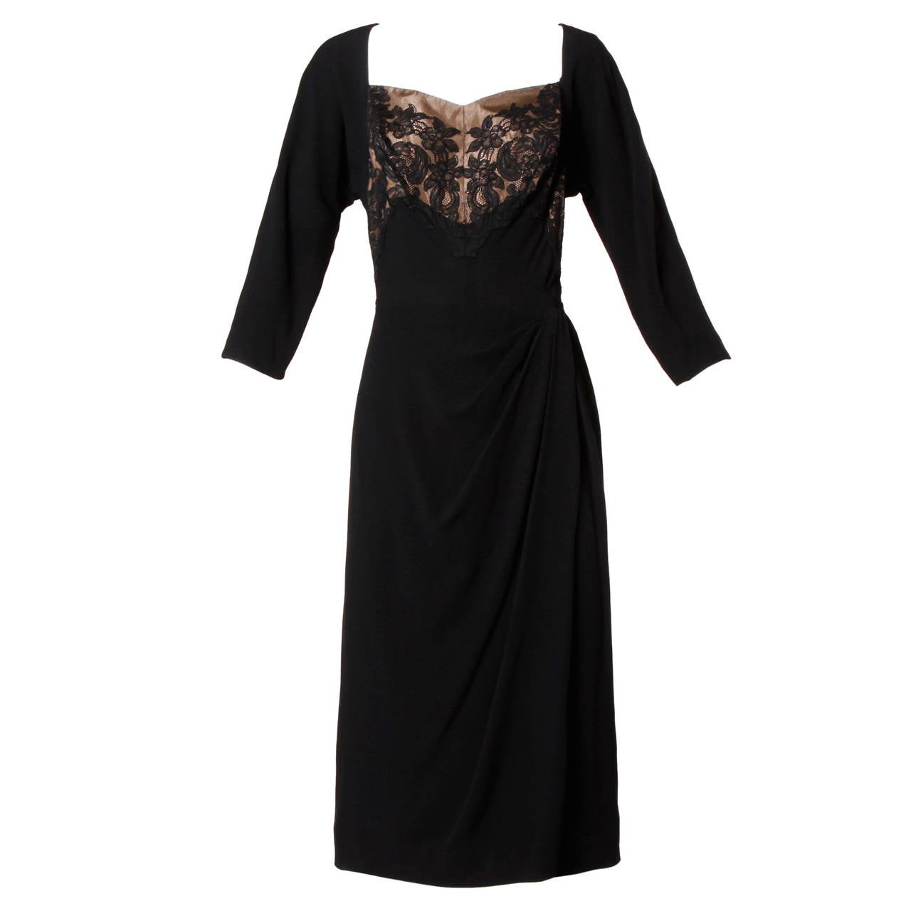 Dorothy O'Hara Vintage Black Lace Cocktail Dress, 1940s  For Sale