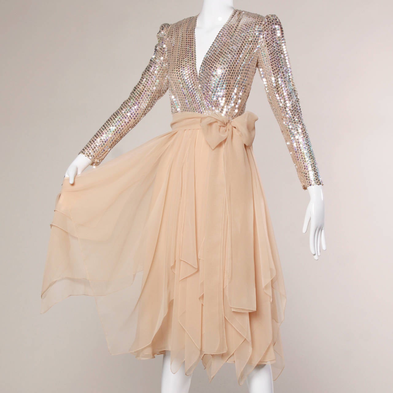 1970s Estevez Metallic Sequin Chiffon Disco Dress with a Plunging Neckline 2