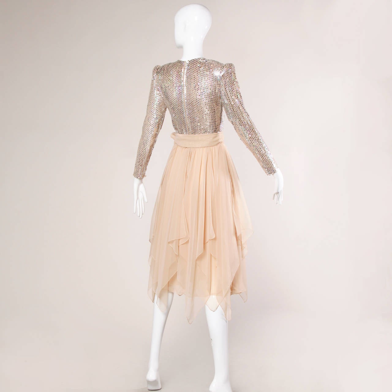 1970s Estevez Metallic Sequin Chiffon Disco Dress with a Plunging Neckline In Excellent Condition In Sparks, NV