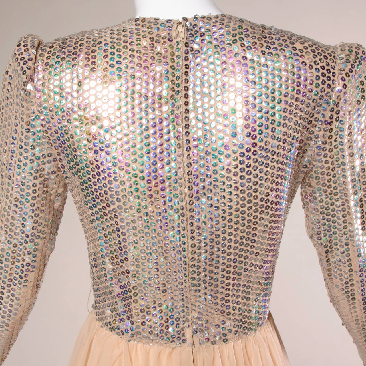 1970s Estevez Metallic Sequin Chiffon Disco Dress with a Plunging ...