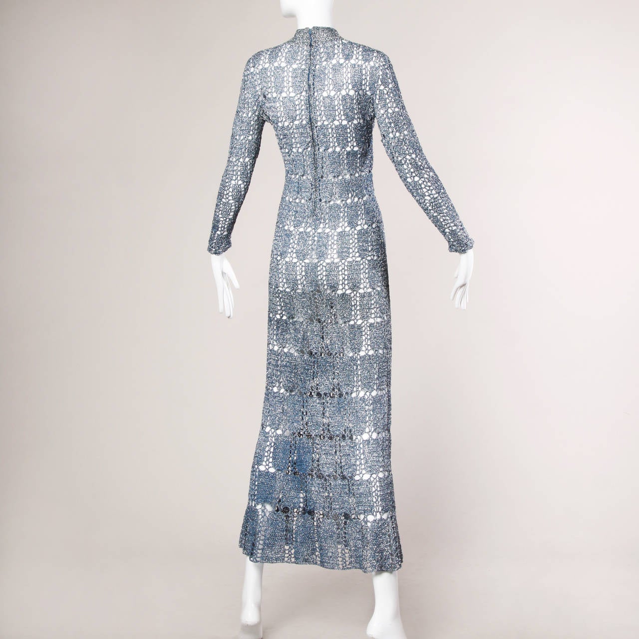 Women's 1970s Vintage Metallic Blue Hand Crochet Maxi Dress