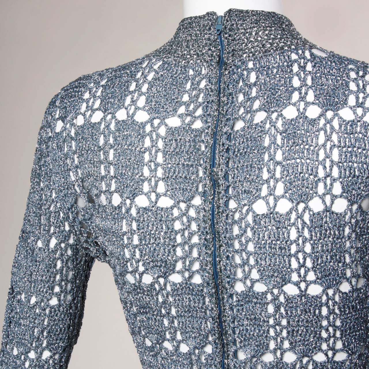 1970s Vintage Metallic Blue Hand Crochet Maxi Dress 2