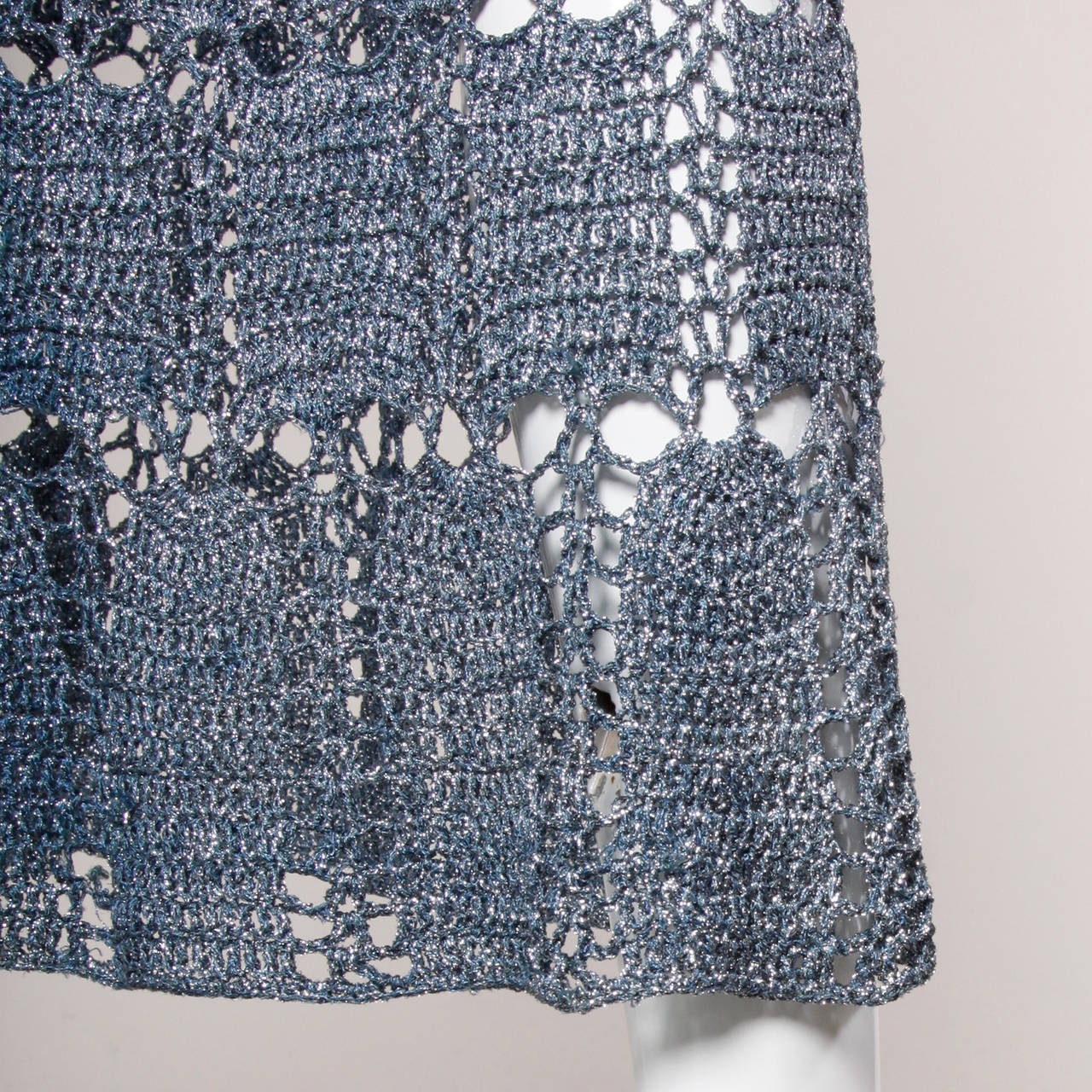 1970s Vintage Metallic Blue Hand Crochet Maxi Dress 5