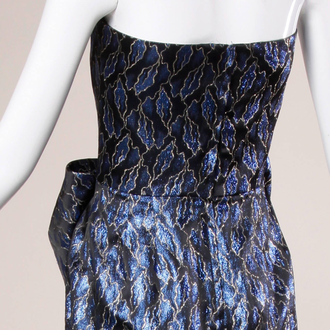 Victor Costa Vintage Blue Metallic Brocade Strapless Gown 1