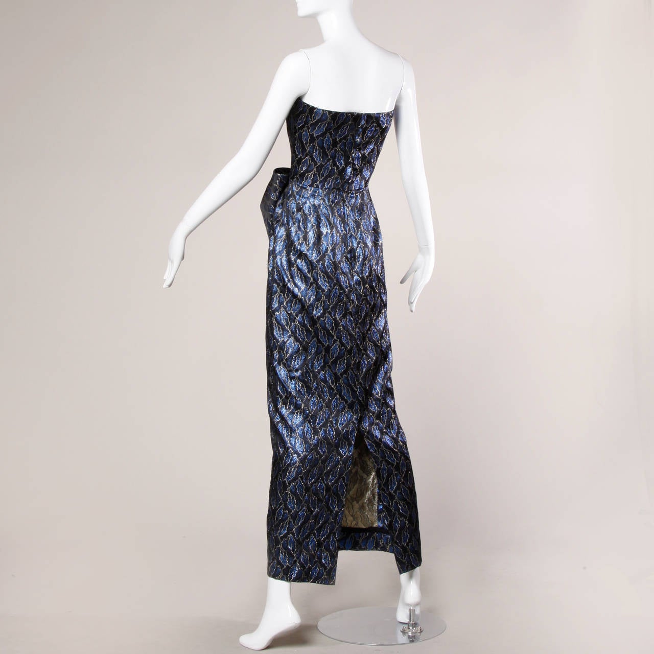 Black Victor Costa Vintage Blue Metallic Brocade Strapless Gown