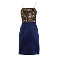 Bill Blass Vintage Metallic Gold & Blue Sequin + Beaded Cocktail Dress