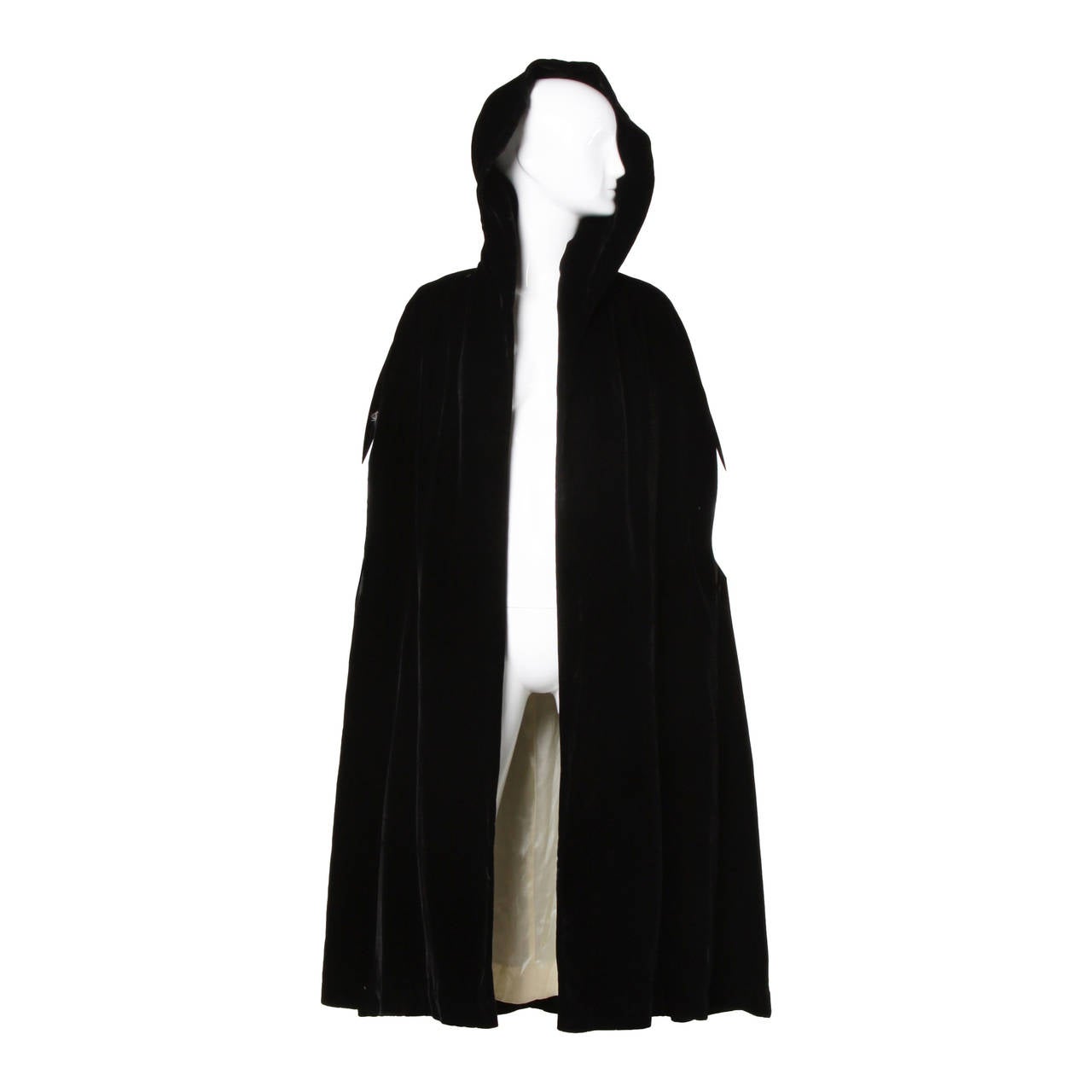 Vintage Black Silk Velvet Hooded Cape Coat at 1stDibs