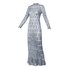 1970s Vintage Metallic Blue Hand Crochet Maxi Dress