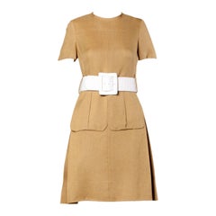 Donald Brooks 1960s Mod Vintage Camel Linen + Silk Dress with Belt