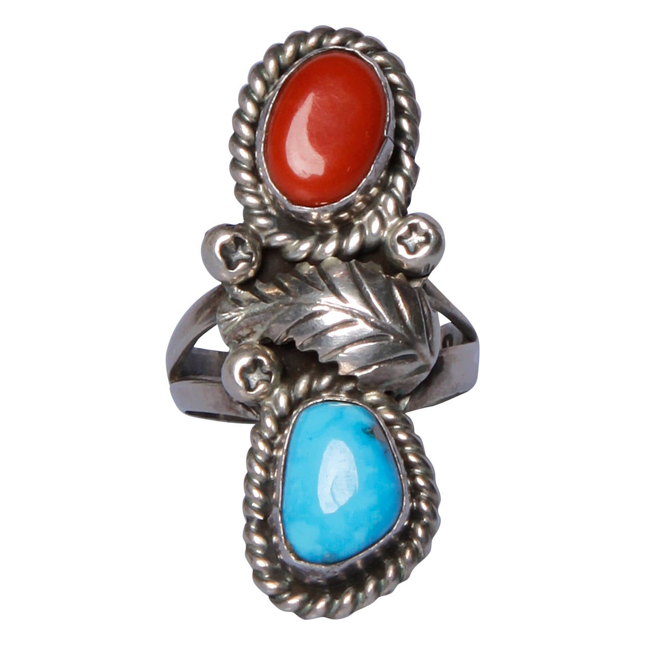 1970s Native American Turquoise + Coral Sterling Silver Ring Sz 6