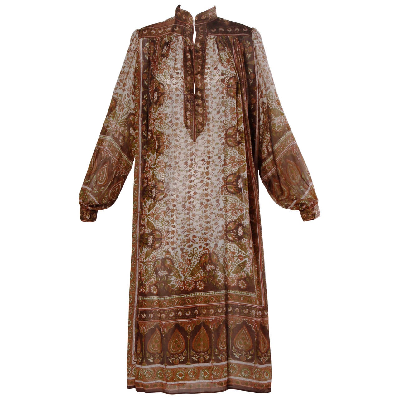 Vintage 1970s Paper Thin 100% Sheer Silk Indian Hand-Block Print Dress