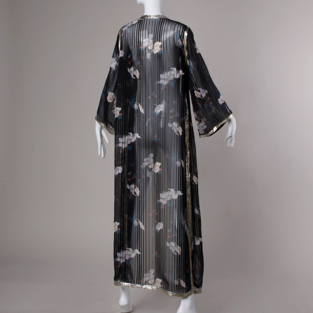 Women's 1970s Silky Sheer Metallic Floral Print Duster or Kimono Jacket