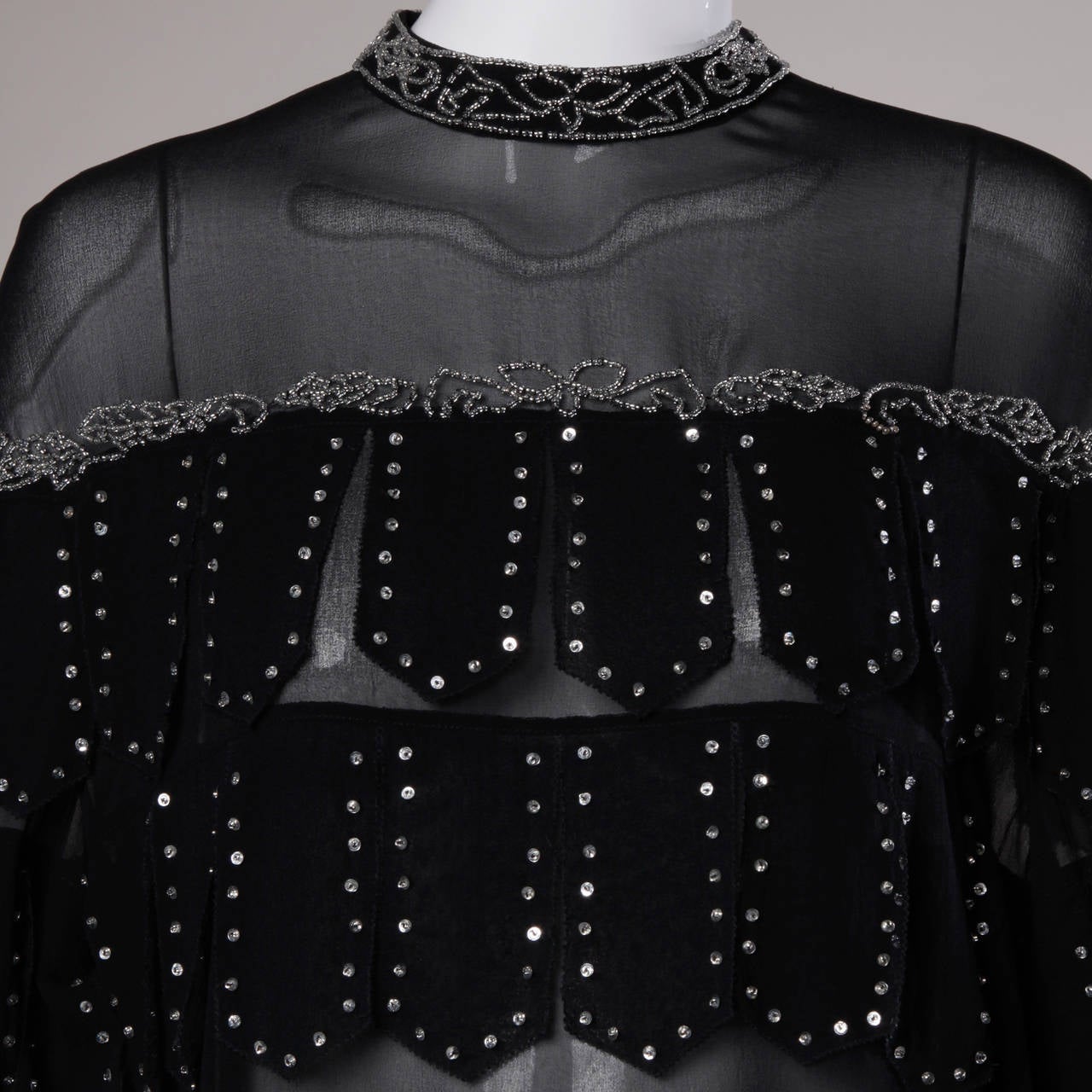 Vintage Black Sheer Silk Chiffon Blouson Top with Sequin and Beaded Detail