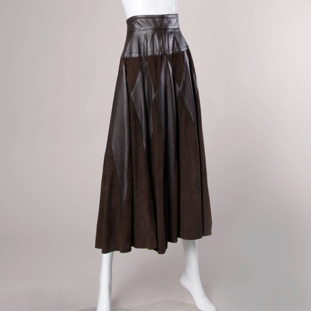 Vintage Soft Buttery Leather + Suede Patchwork Maxi Skirt with a Full Sweep In Excellent Condition In Sparks, NV