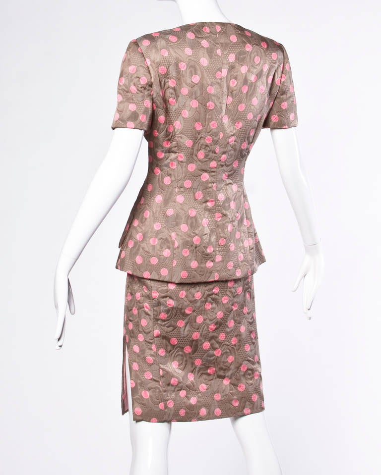 Brown Bill Blass Vintage Quilted Silk Pink Polka Dot Jacket + Skirt Dress Suit For Sale