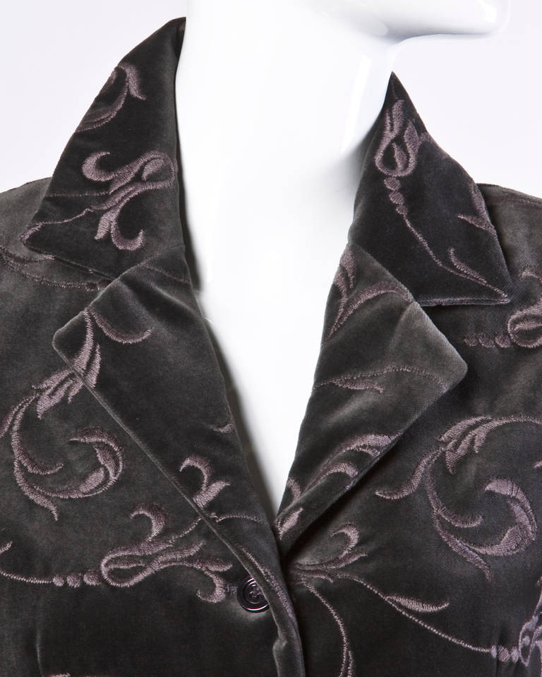 Women's Burberry's Vintage Gray Embroidered Velvet Jacket + Skirt Dress Suit