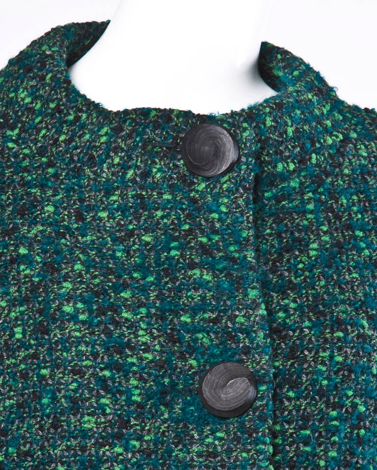 Blue Nina Ricci Vintage 1960s 60s Green Boucle Wool Boxy Mod Swing Coat