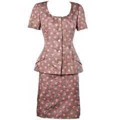 Bill Blass Vintage Quilted Silk Pink Polka Dot Jacket + Skirt Dress Suit