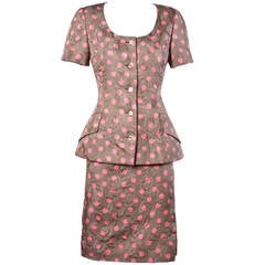 Bill Blass Vintage Quilted Silk Pink Polka Dot Jacket + Skirt Dress Suit