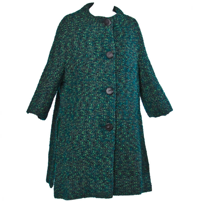 Nina Ricci Vintage 1960s 60s Green Boucle Wool Boxy Mod Swing Coat