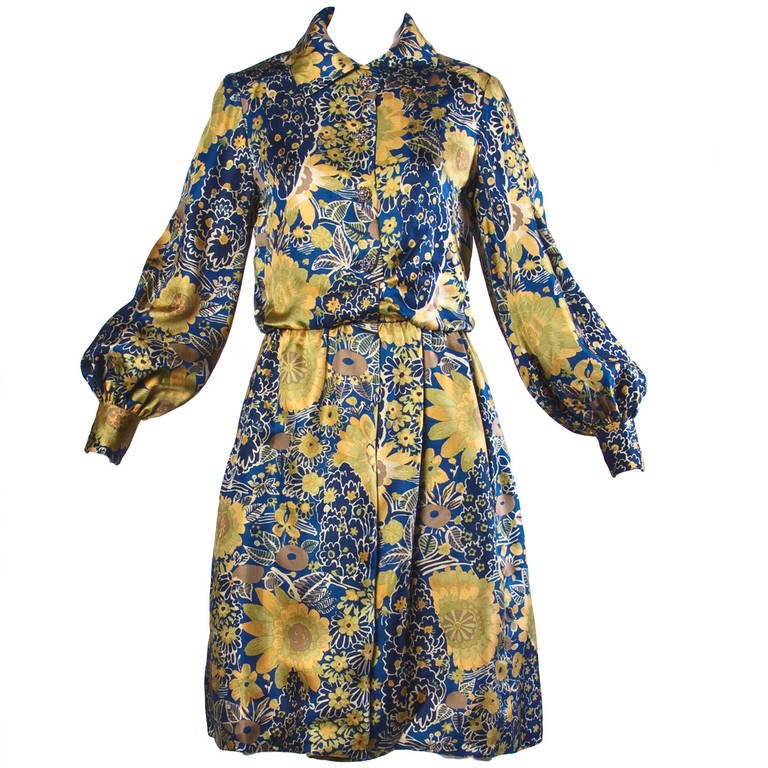 Chester Weinberg Vintage 1960s 60s Silk Floral Print Dress- Rhinestone Buttons For Sale