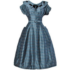 Vintage Early 1950s 50s Blue + Black Silk Wool Blend Party Dress