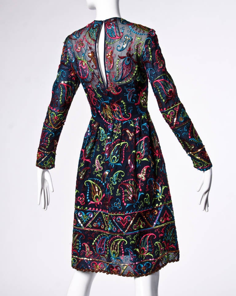 Black Victoria Royal Ltd Vintage 1960s 60s Silk Sequin Embroidered Dress