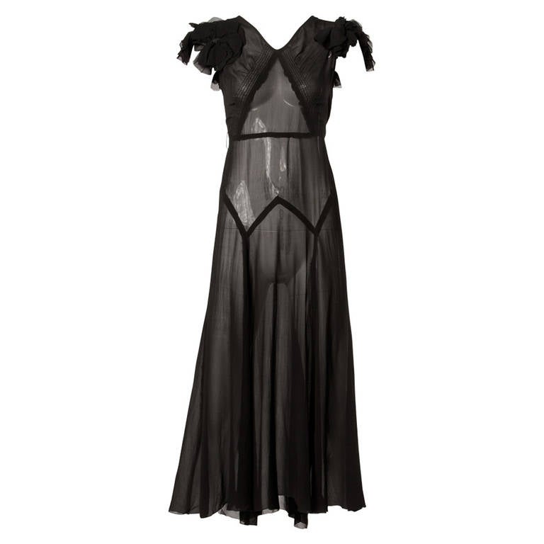 Pristine Vintage 1930s 30s Black Sheer Silk Chiffon Formal Dress