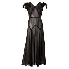 Pristine Vintage 1930s 30s Black Sheer Silk Chiffon Formal Dress