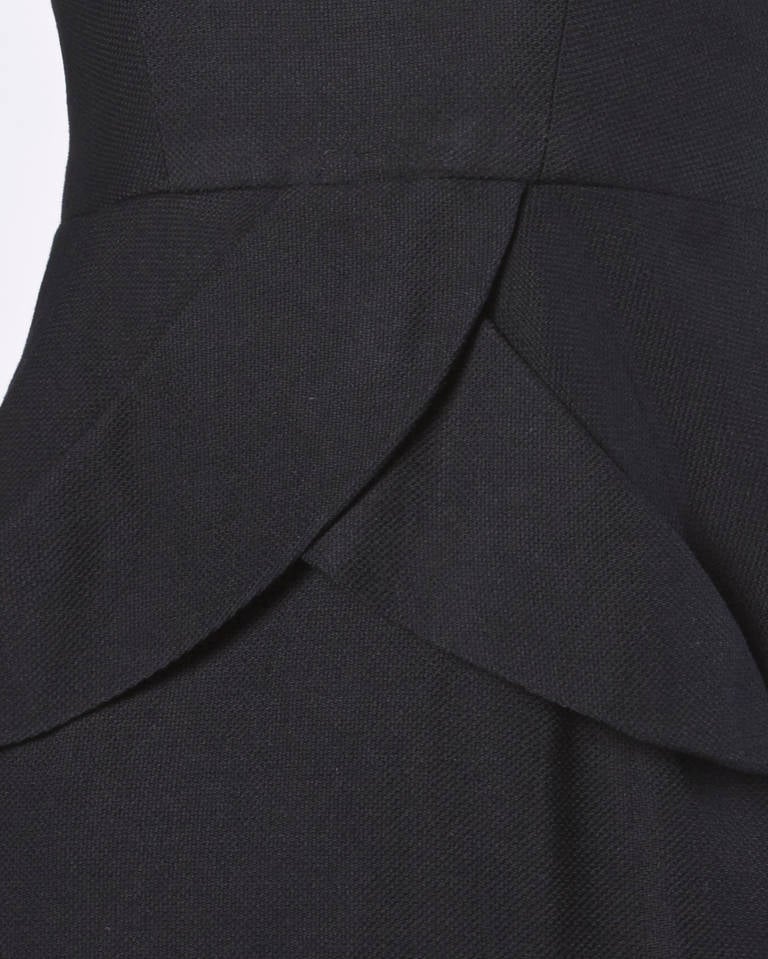 Vintage Early 50s 1950s Black Wool Peplum Cocktail Wiggle Dress In Excellent Condition In Sparks, NV