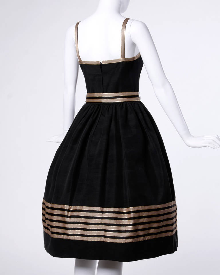 Vintage Lillie Rubin Black + Tan Cocktail Dress with Striped Bow Sash In Excellent Condition In Sparks, NV