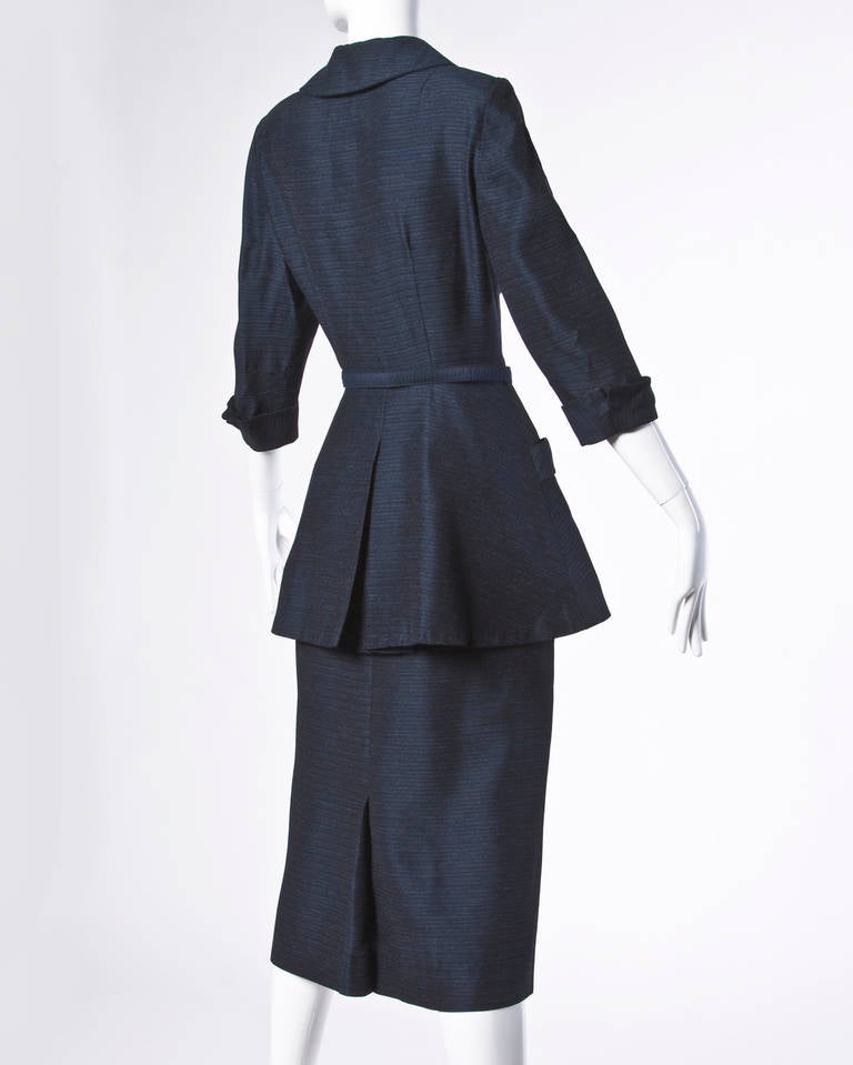 Noir Vintage 1950s 50s Navy Wool & Silk Skirt Suit 3-Pieces Ensemble en vente