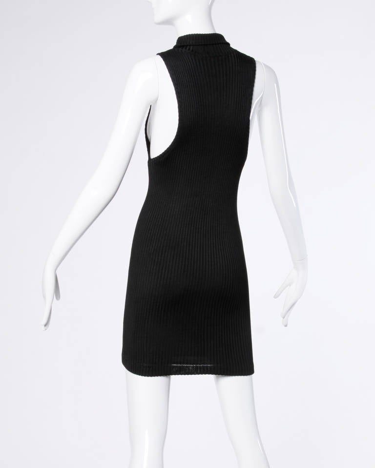 Claude Montana Vintage 1980s 80s Black Ribbed Knit Mini Sweater Dress