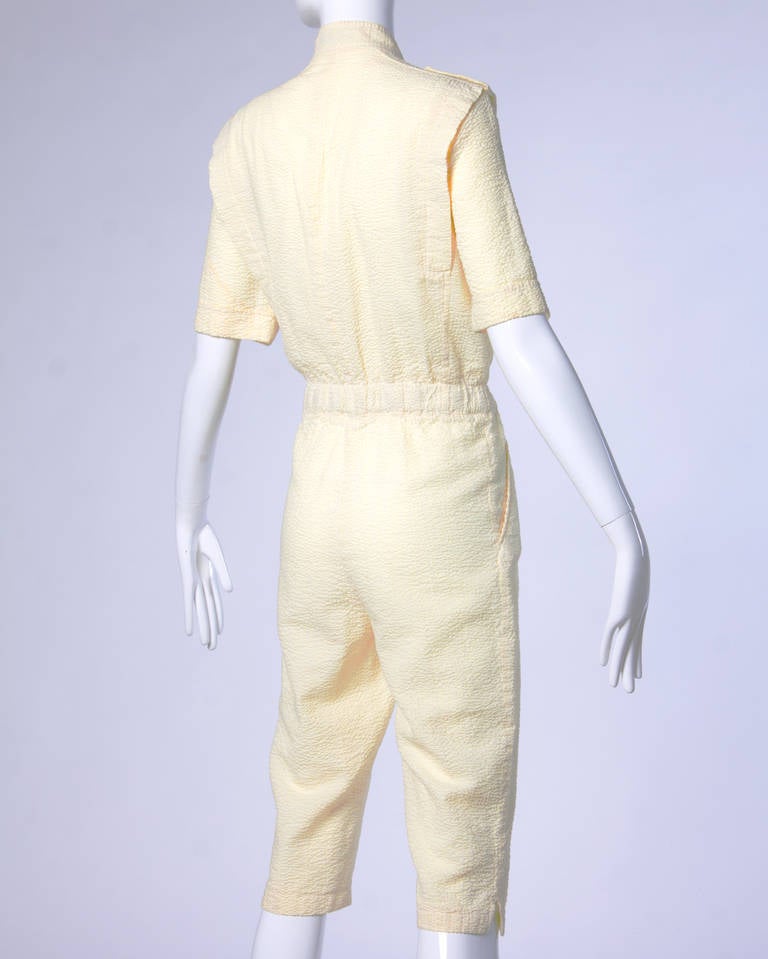 Ted Lapidus Vintage Yellow Striped Seersucker Jumpsuit In Excellent Condition In Sparks, NV