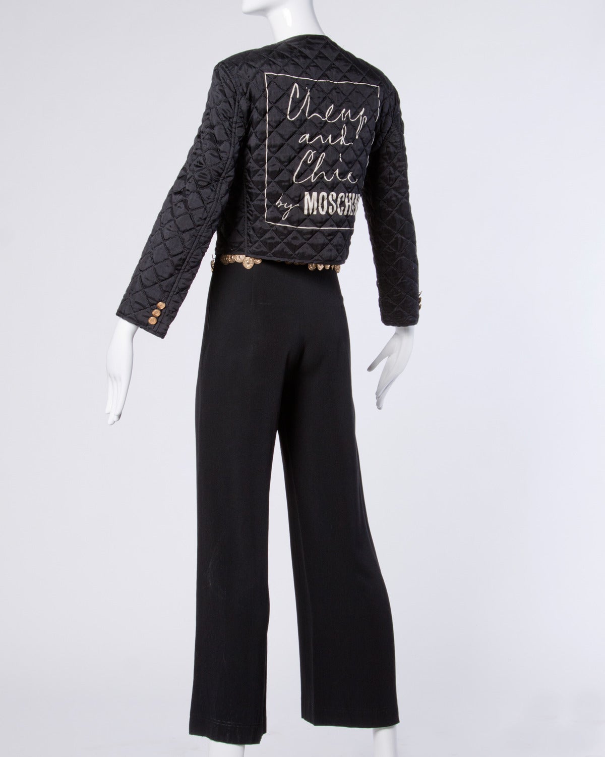 Moschino Vintage 1990s 90s Black Quilted Jacket + Pants Suit  2-Piece Ensemble