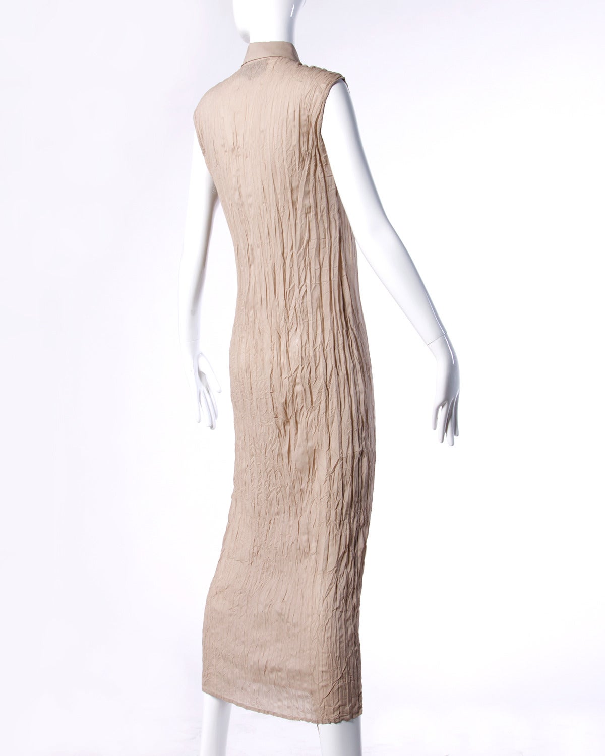 Beige Gianfranco Ferre Vintage 1990s 90s Sheer Neutral Wrinkle Texture Maxi Dress